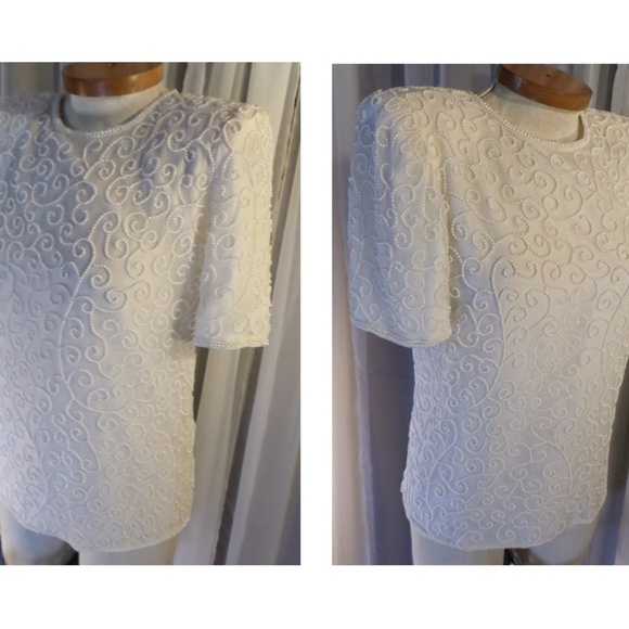 New Ivory Silk Blouse Small Beads Off White Kazar - Picture 2 of 8